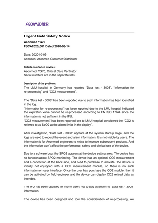 Aeonmed VG70 Urgent Field Safety Notice Oct 2020