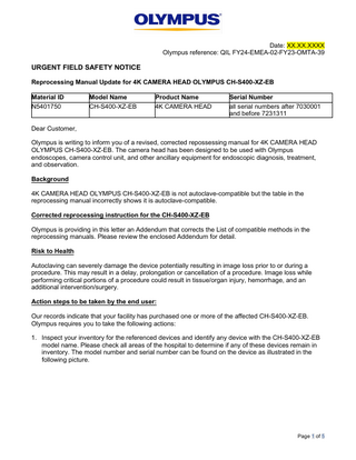 CH-S400-XZ-EB 4K Autoclavable Camera Head Reprocessing Addendum and Recall