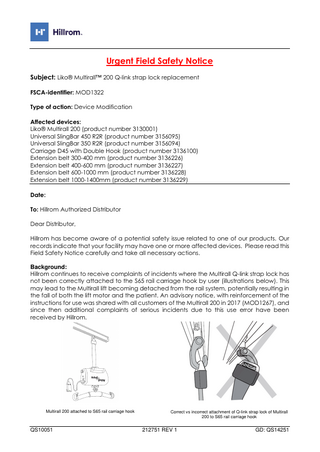 Liko MultiRall 200 Q-link Strap Urgent Field Safety Notice Dec 2020