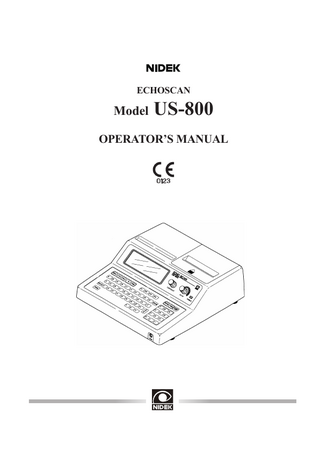 Table of Contents  §1 INTRODUCTION ...Page 1-1 1.1 Outline ... 1-1 1.2 Indications for Use ... 1-1 1.3 Principle ... 1-1 1.4 Classifications ... 1-2 1.5 Symbol Information ... 1-3 1.6 Voltage Check ... 1-3  §2 SAFETY PRECAUTIONS ... 2-1  2.1 In Use ... 2-1 2.2 Storage and Transport Environmental Conditions... 2-2 2.3 In Transport ... 2-3 2.4 In Installation ... 2-3 2.5 After Use ... 2-6 2.6 In Maintenance ... 2-6 2.7 In Disposal ... 2-6 2.8 Labels ... 2-7  §3 SYSTEM DESCRIPTION ... 3-1 3.1 Main Body ... 3-1 3.2 Display ... 3-4  §4 OPERATING PROCEDURES ... 4-1  4.1 Preparation ... 4-1 4.2 Axial Length Measurement ... 4-1 4.2.1 Basic operation of axial length measurement ... 4-1 4.2.2 Cautions on measurement ... 4-5 4.2.3 Manual gate ... 4-7 4.3 Check and Setting of the Measured Value and A-mode Waveform ... 4-8 4.4 Calculation of IOL Refractive Power ... 4-11 4.4.1 Calculation... 4-11 4.4.2 Examples of IOL refractive power calculation ... 4-14 4.5 ID Function ... 4-15 4.5.1 Inputting of patient’s data ... 4-15 4.5.2 Delete function ... 4-17  