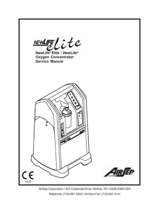 NewLife® Elite Service Manual  Table of Contents Section 1.0 Introduction 1.1  Equipment Provider Responsibility  1-1  1.2  Important Notice and Symbol Explanations  1-2  1.3  NewLife® Elite/NewLife® Product Warranty  1-4  1.4  Functional Specifications  1-5  2.1  Description of Operation  2-1  2.2  Operation Check  2-1  2.3  Alarm System  2-2  2.3.1  Battery Test  2-2  2.3.2  Power Failure Alarm Test  2-2  2.4  Oxygen Concentration Test and Specification  2-3  3.1  General Instructions  3-1  3.2  Routine Maintenance by the Patient  3-1  Section 2.0 Operation Check and Oxygen Concentration Test  Section 3.0 Patient Instructions  3.2.1 3.2.2  Cleaning the Air Intake Gross Particle Filter  3-1  Checking the Alarm System Battery  3-2  Section 4.0 Equipment Provider Maintenance 4.1  4.2 AirSep® Corporation  Routine Maintenance  4-1  4.1.1  Air Intake Gross Particle Filter/GPF  4-1  4.1.2  Product Filter Replacement  4-1  4.1.3  Optional Filter Replacement  4-2  4.1.4  Battery Replacement  4-2  4.1.5  Recording Maintenance  4-3  Cleaning and Infection Control  4-3  4.2.1  4-4  Preparing for New Patient Use  i – table of contents  