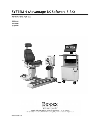Table of Contents Important Safety Information ... 9 1. Introduction ... 10 2. Getting Started ... 11 Controls and Adjustments ... 11 Dynamometer ... 11 Positioning Chair ... 14 Seat Back Brace... 16 The Controller ... 17 Readying the System for Use ... 18 Dynamometer Attachments ... 19 Using the Combination Ankle Attachment ... 21 Adjusting the Footplate ... 22 Shutting Down the System at the End of the Day ... 23 Regional Settings ... 23 Modes of Operation ... 24 Additional Considerations ... 27 Proper Testing Technique ... 28 Set Up and Positioning Videos... 28 3. Software Operation... 29 Getting Started ... 30 Home Screen ... 31 Connection Status... 31 Introduction: New Software ... 32 Tips for Using Biodex Advantage BX™ Software ... 32 Protocol Based Activity... 33 Defining ROM ... 42 Protocol Based Activity Screen ... 45 Practice Reps with Activity ... 51 Activity Results ... 59 Linked Protocols ... 63 Training Setup ... 69 Training... 71 Reports... 73 Return to Play ... 79 Goal Management ... 80 Hamstring Injury Reports ... 93 3  