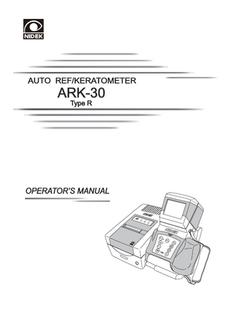 Table of Contents 1. BEFORE USE... 1 1.1 Outline of the Device...1 1.2 Intended Use...1 1.3 Configuration...2 1.4 Labels and Indications on the Device...10 1.5 Checking the Contents...13 1.6 Attaching/ Detaching the Strap...14 1.6.1 1.6.2  Attaching the strap...14 Detaching the strap...14  1.7 Adjusting the Strap...15 1.7.1 1.7.2  Adjusting the hand strap...15 Adjusting the neck strap (option)...16  1.8 Charging the Battery...17 1.9 Installing/Removing the Battery...19 1.9.1 1.9.2  Installing the battery...19 Removing the battery...20  1.10 Before Initial Use...21 1.11 Describing the LCD Screen...24  2. OPERATING PROCEDURES... 27 2.1 Operation Flow...27 2.2 Measuring Procedure...27 2.3 Getting Started and Exiting...28 2.3.1 2.3.2 2.3.3 2.3.4 2.3.5 2.3.6 2.3.7 2.3.8  Measurement of one patient...31 Measurement of two or more patients...39 AR (refractive error) Measurement (R mode)...41 KM (corneal curvature radius) Measurement (K mode)...43 Measurement of the lying patient...45 QUICK measurement mode...47 IOL measurement mode...48 Sagittal Radius Measurement...49  2.4 Using Measured Results (stored data)...53 2.4.1 2.4.2 2.4.3  Storing measured results...53 Displaying stored data...55 Clearing stored measured results...56  2.5 Printout...57 2.5.1 2.5.2  Printing measured values...57 Printing measured results (all stored data)...61  IX  