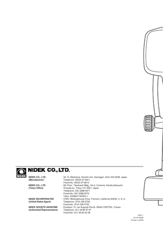 Table of Contents  §1 INTRODUCTION ...Page 1-1 1.1 Outline of the Device ... 1-1 1.2 Indications for Use ... 1-1 1.3 Classifications ... 1-1 1.4 Symbol Information ... 1-3  §2 SAFETY ... 2-1 2.1 Cautions in Storage, Transportation and Installation ... 2-1 2.2 Connecting the Device to a Wall Outlet and Handling the Power Cord ... 2-4 2.3 Cautions during Use ... 2-5 2.4 Maintenance ... 2-9 2.5 Disposal ... 2-9 2.6 Labels ... 2-10  §3 CONFIGURATION ... 3-1 §4 OPERATING PROCEDURES ... 4-1 4.1 Operation Flow ... 4-1 4.2 Auto-Off Mode ... 4-1 4.3 Preparation for Measurement ... 4-2 4.4 AR (refractive error), KM (corneal curvature radius) Measurements ... 4-6 4.4.1 When both auto-tracking and auto-shot are ON ... 4-6 4.4.2 When both auto-tracking and auto-shot are OFF ... 4-14 4.4.3 When auto-tracking is ON and auto-shot is OFF ... 4-16 4.5 CS (Corneal Size) Measurement ... 4-17 4.6 PS (Pupil Size) Measurement ... 4-19 4.7 PD (Pupillary Distance) Measurement ... 4-21 4.8 Measuring Sagittal Radius ... 4-23  §5 PRINTOUT ... 5-1 5.1 Printing Measured Data ... 5-1 5.2 Eyeprint ... 5-4  §6 DATA TRANSFER USING EYE CARE CARD SYSTEM ... 6-1 6.1 Writing Measured Data to the Eye Care Card ... 6-1 6.2 Importing LM Data to be Used for the View Comparison Function ... 6-3 6.3 Erasing Data on the Eye Care Card ... 6-4  