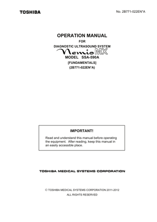 Table of Contents Safety Precautions ...S-1 Important Information ...W-1 Intellectual Property ... L-1 Organization of the Operation Manuals ...U-1  Outline of the System 1.  Intended Use, Operating Principles, and Specifications ... 1-1  1.1  Intended Use ... 1-1  1.2  Features ... 1-1  1.3  Operating Principles... 1-2  1.4  Specifications ... 1-3  1.5  Patient Environment ... 1-4  1.6  Environmentally Friendly Usage and Maintenance Management ... 1-4  2.  System Configuration ... 2-1  2.1  Standard Configuration... 2-1  2.2  List of Optional Devices ... 2-1  2.3  Compatible Peripheral Devices ... 2-2  2.4  External Storage Devices ... 2-2  2.5  List of Optional Software ... 2-3  2.6  List of Available Transducers ... 2-4  No. 2B771-022EN*A a  