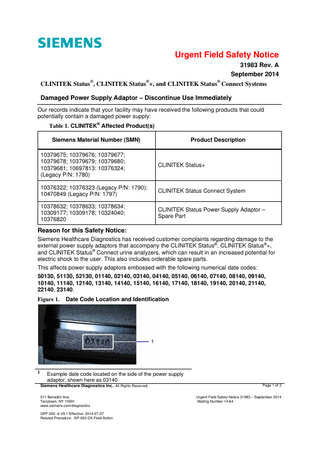 CLINITEK Status system Urgent Field Safety Notice Sept 2014 Rev A 