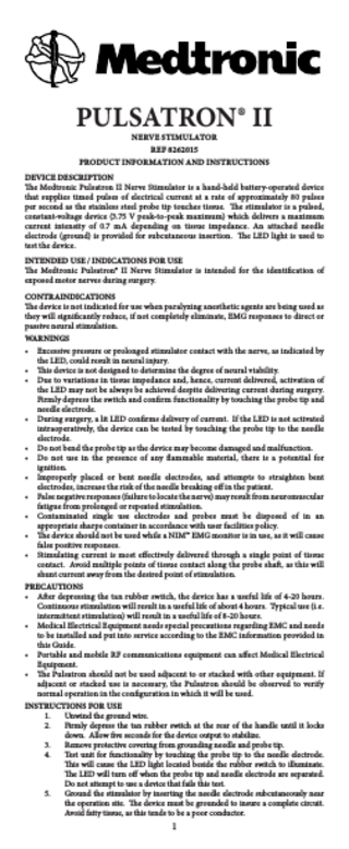 Pulsatron II Nerve Stimulator PRODUCT INFORMATION AND INSTRUCTIONS