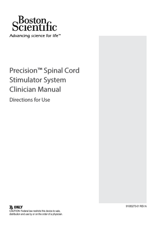 ﻿  Table of Contents Manual Overview ... 1 Device and Product Description ... 2 Implantable Pulse Generator ...2 Leads ...2 Lead Extension ...2 Lead Splitter...3  Indications for Use ... 4  Precision System Clinical Summary ...4  Contraindications ... 8 Safety Information... 9 Instructions for the Patient...9 Warnings ...9 Precautions ...9 Adverse Effects ... 11 Instructions for the Physician ... 11  Package Contents ... 13  IPG Kit ...13 Percutaneous Permanent Lead Kit ...13 Percutaneous Trial Lead Kit...13 Lead Extension Kit ...13 2x4 Splitter Kit...14 Surgical Paddle Lead Kit ...14 Infinion™ 16 Lead Kit...14 Infinion 16 Trial Lead Kit...14 Infinion CX Lead Kit...15 Infinion CX Lead Trial Lead Kit...15 Splitter 2x8 Kit...15 Infinion™ 16 Trial Configuration Kit...15 Infinion™ 16 Configuration Kit...15  Sterilization, Handling, and Storage ... 16  Sterilization ...16 IPG Handling and Storage ...16 Lead, Lead Extension, and Splitter Handling and Storage...17  Pre-Op Instructions ... 18 Percutaneous Lead Placement in the Epidural Space ... 19 Infinion CX Lead Placement in the Epidural Space with Entrada™ Needle...20 Lead Connection to Splitter...25  Surgical Paddle Lead Placement in the Epidural Space ... 28 Connecting the OR Cable Assembly ... 29 Intraoperative Stimulation Testing ... 30 Securing the Trial Lead ... 31 Securing the Infinion CX Trial Lead ... 32 Permanent Lead Anchoring and Tunneling... 33  Anchoring the Lead ...34 Tunneling the Lead or Lead Extension ...35 Clinician Manual 91083273-01 Rev A iii of iv  