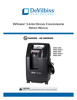 TABLE OF CONTENTS FIGURES, DIAGRAMS AND PARTS LIST 525DS Unit - Serial #F & 525DS / 525DS-Q Units - Serial #J (115V Units)... 27  GENERAL INFORMATION Introduction... 3 Symbol Definitions... 3 Important Safeguards... 4  525DS Unit - Serial #N & 525DS-Q Unit - Serial #R (115V Units with Auxiliary Oxygen Port)... 29  UNPACKING AND SETUP Initial Inspection... 6 Patient Setup... 6 Operating Instructions... 6  525DS Unit - Serial #B & 525DS-Q Unit - Serial #B (115V Units with Auxiliary Oxygen Port)... 32 525KS Unit - Serial #F & 525KS / 525KS-LT Units - Serial #J (220/230/240V Units)... 35  MAINTENANCE Patient Alert System... 8 Alarm Function Testing... 8 Service Life... 9 Routine Patient Maintenance... 9 Periodic Homecare Provider Preventative Maintenance... 10 Provider's Notes... 10 Return and Disposal... 11 Preventative Maintenance Summary... 11  525KS-LT Unit - Serial #N & 525KS Unit - Serial #R (220/230/240V Units with Auxiliary Oxygen Port)... 37 525KS-LT Unit - Serial #B & 525KS Unit - Serial #B (220/230/240V Units with Auxiliary Oxygen Port)... 40 525PS Unit - Serial #F & 525PS Unit - Serial #J (220/230/240V Units)... 43 525PS Unit - Serial #B (220/230/240V Units with Auxiliary Oxygen Port)... 45  TROUBLESHOOTING System Operation... 11 Normal Operating Sequence... 12 Low Pressure System... 12 Simplified Troubleshooting... 13 Troubleshooting Chart A... 14 Troubleshooting Chart B... 15 Troubleshooting Chart C... 15 Troubleshooting Chart D... 15 Troubleshooting Chart E... 16 Troubleshooting Chart F... 16  Accessories and Tools... 47 Pneumatic and Wiring Diagrams... 48 ORDERING INFORMATION AND PARTS RETURN Ordering Information... 50 Parts Return... 50 WARRANTY... 51 SPECIFICATIONS... 52 ELECTROMAGNETIC COMPATIBILITY INFORMATION... 54  COMPONENT TESTING, REPAIR, AND REPLACEMENT Proper Repair Procedures... 17 Cabinet Removal... 17 Accumulator Pressure Test... 18 Auxiliary Oxygen Port... 19 Capacitor... 19 Check Valves/Manifold... 19 Compressor... 20 Cooling Fan... 21 Flow Meter... 22 Hour Meter... 23 Manifold... 23 Molecular Sieve Beds... 23 Power Cord... 24 Power Switch... 24 Pressure Regulator... 24 Printed Circuit Board (PC Board)... 25 Rotary Valve... 25  LT-2023  2  