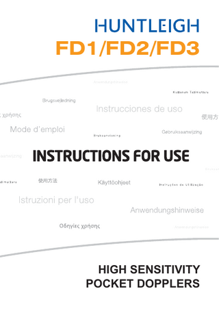 Table of Contents Doppler Measurement Sites and Recommended Probes ...3 1. Safety ...4 1.1 1.2  Warnings... 4 Patient Applied Parts ... 5  2. Introduction ...6 2.1 2.2 2.3 2.4  Unpacking / Preliminary Checks ... 6 Battery Insertion / Relacement ... 6 Product Controls... 7 Product Labelling... 8  3. Operation ...9 3.1 3.2 3.3  Vascular Mode (FD2 Only) ... 9 Obstetric Mode ... 10 After Use ... 12  4. Care and Cleaning ...13 4.1 4.2 4.3 4.4  General Care... 13 General Cleaning and Disinfecting ... 14 Cleaning and Disinfecting Patient Applied Parts ... 14 Maintenance and Repair... 15  5. Specifications ...16 5.1 5.2 5.3 5.4 5.5  Equipment Classification ... 16 Standards Compliance ... 16 FHR Performance... 16 General ... 17 Environmental ... 17  6. End of Life Disposal...18 7. Warranty & Service ...19  