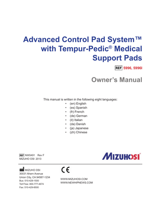 Table of Contents 1  Important Notices... 1  2  Introduction... 4  3  Component Identification... 8  4  Set Up Instructions... 13  5  Basic Operation... 16  6  Troubleshooting... 18  1.1 Trademarks... 3 1.2 Disposal of Electrical Components... 3  2.1 General Description... 2.2 Intended Use / Indications... 2.3 Patient Population... 2.4 Identification of Type B Parts... 2.5 Specifications... 2.6 Shipping, Storage and Environmental Conditions... 2.7 Glossary of Terms...  4 5 5 5 6 6 7  3.1 Variable Cycle Controller... 8 3.1.1 Cycle Indicators... 8 3.2 On/Off Power Switch... 8 3.3 Power Cord and Ground Stud... 9 3.3.1 Power Cord... 9 3.3.2 External Ground Stud... 10 3.4 Model Number Identification Label and Voltage Requirements... 10 3.5 Snorkel Mounting Bracket... 10 3.6 Tempur-Pedic® Medical Patient Support Pads... 11 3.6.1 Hip Pads (Small, Medium/Regular, and Large)... 11 3.7 ACP Quick Connect Tubing Set... 12 3.7.1 Inspection and Transfer... 12  4.1 Controller Installation... 13 4.2 Pad Installation... 13 4.3 Tubing Attachment... 14  5.1 Power... 16 5.2 Cycle Selection... 16 5.3 Post Patient Removal... 17  6.1 In the event of a malfunction... 18  ii  