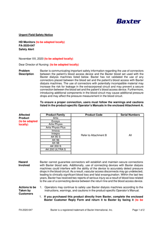 Baxter Gambro HD Monitors Urgent Field Safety Notice Nov 2020 