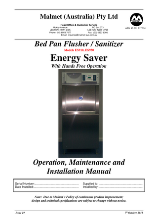 Models ES910, ES930 Operation and Maintenance Manual Issue 19 Oct 2011