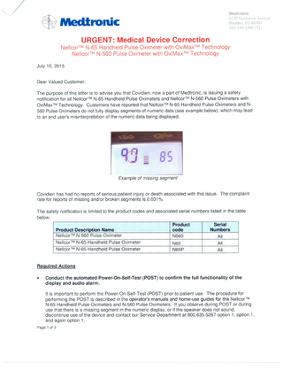 OxiMax N-65 series and N-650 Urgent Field Safety Notice June 2015