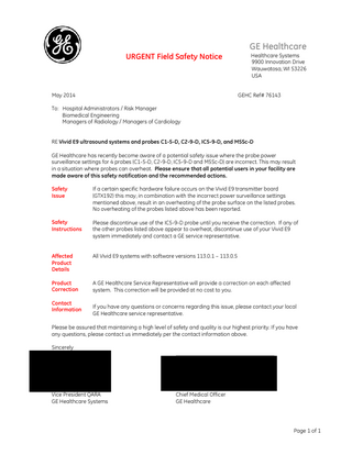 Vivid E9 Urgent Field Safety Notice May 2014