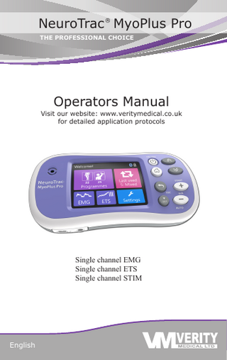 NeuroTrac® MyoPlus PRO Operation Manual  Table of contents Contents Unit symbols explanation Warnings Contra-indications and precautions  Page 2 4 5  OVERVIEW: Indications for use Introduction Buttons and basic operation Quick start instructions Built-in help screens  6 7 8 9 11  PROGRAMMES: Programmes overview Select preset groups Preset programmes list Running stimulation programme Custom programmes Setting up your custom treatment EMG programmes overview EMG templates EMG games EMG work/rest for training or assessment ETS Training  12 12 13 14 15 17 20 21 22 27 30  Device settings Lock function Statistics Electrode types & tips Care, maintenance, accessories and disposal Specifications Information regarding EMC Troubleshooting Warranty References and additional sources  32 34 35 41 42 45 47 51 54 55  3  