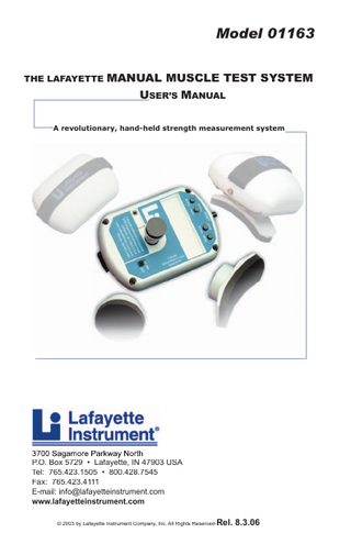 2  The Lafayette Manual Muscle Test System (MMT)  Table of Contents: System Description Features and Speciﬁcations Precautions Basics of Operation Function Buttons Reset Button Range Button Scroll/LB/KG Button Enter/Store Button Menu Button Main Measurement Screen Menu Descriptions Main Menu Show Data Menu Function Descriptions Download Show Data Version Identiﬁer Deleting Data Registers Beep Time Auto Store Data Storage Reset Range Low Battery Detection Battery Saver Mode Battery Change Stirrup Change Error and Message Screen Summary Low Battery Warning Memory Full Warning Diagnostic Alert Message Replacement Parts Appendix A Torque Measurements Ordering Information  3 4 4 5 6 6 6 6 6 6 7 8 8 8 9 9 9 10 10 11 11 12 12 13 13 14 14 15 16 16 16 17 17 18 18 20  3700 Sagamore Parkway North . PO Box 5729 . Lafayette, IN 47903 USA . Ph: 765-423-1505  