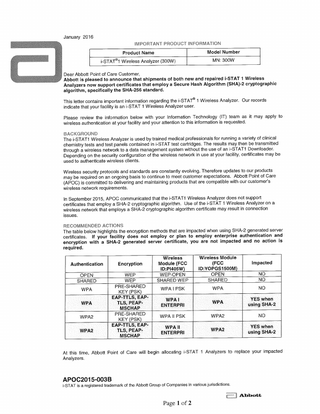 iSTAT 1 Wireless Analyzers Important Product Infomation Jan 2016