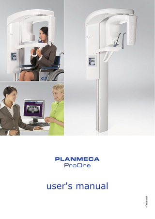 TABLE OF CONTENTS 1 INTRODUCTION ...1 2 SYMBOLS ON PRODUCT LABELS ...2 3 ASSOCIATED DOCUMENTATION ...2 4 WARNINGS AND PRECAUTIONS ...3 5 MAIN PARTS ...5 5.1 5.2 5.3 5.4 5.5 General view of the system ... 5 General view of the X-ray unit ... 6 Exposure switch ... 7 Patient supports ... 8 Emergency stop button ... 8 6 SWITCHING THE X-RAY UNIT ON ...9 7 PROGRAM PACKAGES ...10 8 CONTROL PANEL ...11 8.1 General about control panel ... 11 8.2 Selecting panoramic exposure program ... 12 8.3 Selecting temporomandibular joint (TMJ) exposure program ... 17 8.4 Selecting sinus exposure program ... 22 8.5 Selecting Cross sections exposure program (optional) ... 25 8.6 Entering patient name ... 29 8.7 Selecting patient size ... 30 8.8 Selecting kilovolt and milliampere values ... 30 8.9 Selecting jaw size and shape ... 32 8.10 Adjusting unit height ... 33 8.11 Returning C-arm to patient entry position ... 33 8.12 Opening/closing temple supports ... 33 8.13 Adjusting layer light position ... 34 8.14 Switching DEC on/off (optional) ... 34 8.15 Switching Autofocus on/off ... 35 8.16 Settings ... 35 9 PANORAMIC EXPOSURE ...61 9.1 9.2 9.3 9.4 10 Patient positioning ... 62 Taking an exposure ... 66 Taking an exposure with DEC ... 67 Taking an exposure with Autofocus ... 67 TEMPOROMANDIBULAR JOINT EXPOSURE ...70 10.1 Double TMJ exposure (lateral, PA or lateral-PA) ... 70 10.2 Multi-angle TMJ exposure (3 angles lateral) ... 77 11 SINUS EXPOSURE ...82 11.1 Patient positioning ... 83 11.2 Taking an exposure ... 85 12 CROSS-SECTIONAL EXPOSURE (OPTIONAL) ...87 12.1 Patient positioning ... 88 12.2 Taking an exposure ... 92 13 CLEANING ...95 User’s Manual Planmeca ProOne i