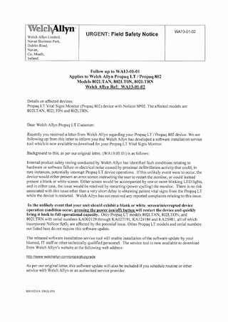 Propaq LT and Propaq 802 Models 802LTxx Urgent Safety Notice May 2014