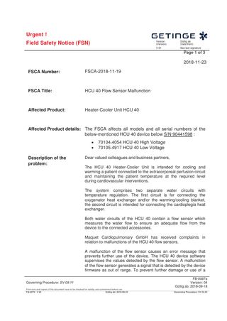 HCU40 HEATING COOLING UNIT Urgent Field Safety Notice Nov 2018