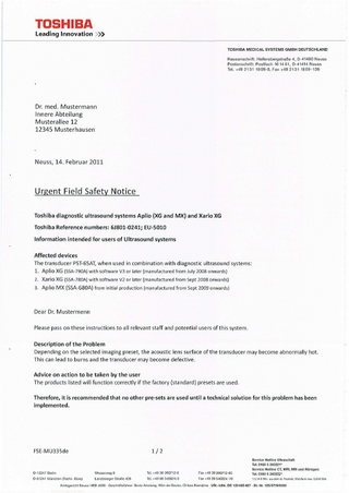 Aplio XG , MX and Xario XG Urgent Field Safety Notice Feb 2011