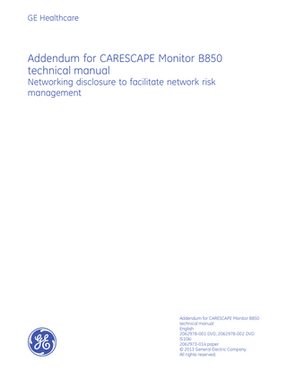 CARESCAPE Monitor B850 Technical Manual Addendum Sept 2013