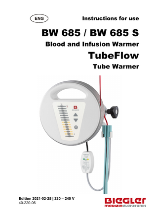 BW 685 / BW 685 S / TubeFlow  TABLE OF CONTENTS 1  WARNINGS AND SAFETY INSTRUCTIONS ... 4  2  DESCRIPTION... 7  2.1 GENERAL DESCRIPTION ... 7 2.2 INTENDED USE... 7 2.3 INDICATION ... 7 2.4 CONTRAINDICATION ... 7 2.5 SCOPE OF DELIVERY ... 8 2.6 CONSUMABLES... 8 3  INITIAL OPERATION ... 9  3.1 INITIAL OPERATION OF THE DEVICE ... 9 3.2 ALARMS ... 12 3.3 SHUTTING DOWN THE DEVICE... 14 3.4 TROUBLESHOOTING ... 14 4  MAINTENANCE... 15  5  CLEANING AND DISINFECTION ... 15  6  PERIODIC INSPECTIONS ... 16  7  MANUFACTURER LIABILITY ... 19  8  WARRANTY CONDITIONS ... 20  9  RETURN OF DEVICES ... 20  10 DISPOSAL ... 20 11 ELECTROMAGNETIC COMPLIANCE LEVELS ... 21 11.1 EMISSION ... 21 11.2 IMMUNITY TEST LEVELS ... 21 12 MANUFACTURER'S DECLARATION ... 22 13 SYMBOLS ... 23 14 OPERATING AND STORAGE CONDITIONS ... 25 15 TECHNICAL DATA ... 26 16 MANUFACTURER... 27  3  