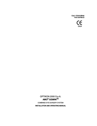 TABLE OF CONTENTS 1. 2. 3. 4. 5.  6.  7.  8. 9.  Page  DISCLAIMER... 3 LIMITED WARRANTY CONDITIONS... 4 WARNINGS... 5 SYMBOLS ON MARKING ... 9 GENERAL INFORMATION... 10 5.1 INTRODUCTION ... 10 5.2 SYSTEM DESCRIPTION ... 12 5.3 TECHNICAL SPECIFICATIONS ... 13 5.4 CLEANING AND STERILIZATION... 17 INSTALLATION AND MAINTENANCE ... 18 6.1 INTRODUCTION ... 18 6.2 INITIAL INSPECTION... 18 6.3 INSTALLATION ... 19 6.4 MAINTENANCE AND CARE... 20 6.5 SHUT DOWN PROCEDURE ... 21 EQUIPMENT OPERATION ... 22 7.1 EQUIPMENT DESCRIPTION ... 22 7.2 EQUIPMENT LAYOUT ... 26 7.3 USER INTERFACE... 30 7.4 VOICE PROMPTING ... 32 7.5 IRRIGATION / ASPIRATION SYSTEM SET-UP ... 32 7.6 BIPOLAR DIATHERMY ... 33 7.7 I/A (Irrigation/Aspiration) ... 35 7.8 PHACOEMULSIFICATION ... 37 7.9 VITRECTOMY ... 41 7.10 MICROSCISSORS... 43 7.11 ILLUMINATION... 45 7.12 TAMPONADE ... 46 7.13 AUTOMATIC I.V. POLE ... 49 7.14 FOOTSWITCH... 49 7.15 TO RECALL OR STORE A PROGRAM... 53 WARNING AND ERROR MESSAGES ... 56 TROUBLESHOOTING GUIDE ... 57  Pag. 2 of 62  