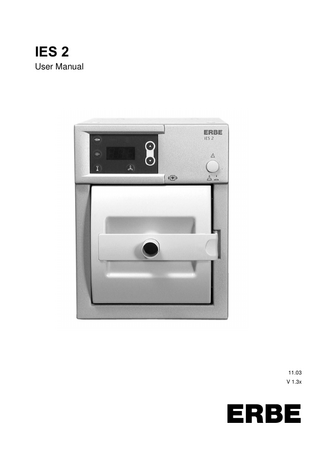 Table of Contents  Table of Contents  Chapter 1  Titel  Page  Safety Instructions ... 7 Intended use ... 7 Safety notations... 7 Safety of equipment and accessories ... 7 Importance of the User Manual and training of medical personnel... 8 Protection from the risk of electric shock ... 8 Environment... 8 Maintenance ... 9 Risks when using the IES 2 ... 9  2  Description of the Controls ... 11 Controls on the front panel ... 11 Controls on the back ... 13  Art.-Nr.:80134-101 11/ 2003  3  Working with the IES 2 as a stand-alone unit... 15 Switching on IES 2 ... 15 Setting IES 2 ... 15 Suction ... 15  4  Working with the IES 2 in combination with VIO... 17 Switch on the VIO System... 17 Setting IES 2 ... 17 Checking the smoke evacuation in the Cut / Coag settings window. ... 19 Suction ... 19  5  Special functions... 21 Calling up the basic setting ... 21 Calling up the setting functions ... 21  6  Installation ... 23 Environment... 23 Electrical installation ... 23 Installation of the IES 2 as a stand-alone unit... 24 Installation of the IES 2 on the VIO CART with other units... 26  7  Cleaning and Disinfection ... 33 Wipe disinfection ... 33 Instructions for cleaning and disinfection... 33 Safety Instructions ... 33  8  Technical data ... 35  5 / 38  