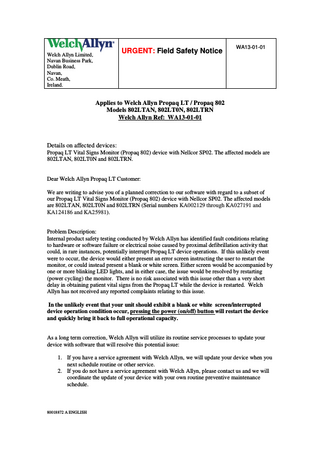 Propaq LT and Propaq 802 Models 802LTxx Urgent Safety Notice March 2014