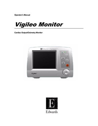 Table of Contents  Preface... ii Using This Manual... iii List of Figures... xi List of Tables... xiii Chapter 1 Vigileo Operational Environment 1.1 Indications for Use... 1-2 1.2 Overview... 1-2 1.2.1 Arterial Pressure Cardiac Output (APCO)... 1-3 1.2.2 Oximetry – Central Venous Oxygen Saturation (ScvO2)/Mixed Venous Oxygen Saturation (SvO2)... 1-3 1.3 Vigileo Monitor Operator's Manual... 1-4 1.4 Vigileo Monitor Basic System Components... 1-4 1.5 Acronyms and Abbreviations... 1-5 1.6 Symbols and Icons... 1-5 Chapter 2 Safety and Symbols 2.1 Overview... 2-2 2.2 Safety Identifying Symbols... 2-2 2.2.1 Warnings... 2-3 2.2.2 Cautions... 2-7 2.3 Monitor Case Symbols... 2-10 2.3.1 Monitor Front... 2-11 2.3.2 Monitor Back... 2-12 2.4 Monitor Display Symbols... 2-15 2.5 Shipping Container Symbols... 2-16 2.6 Standards Compliance... 2-17 Chapter 3 Quick Start Guide to Operation 3.1 Overview... 3-2 3.2 Scope... 3-2 3.3 Starting Operation... 3-2 3.3.1 Entering Patient Information and BSA... 3-3 3.4 Monitoring Oximetry... 3-4 3.5 Monitoring CO... 3-5 3.5.1 Zero Arterial Pressure... 3-7  v  Edwards Lifesciences  