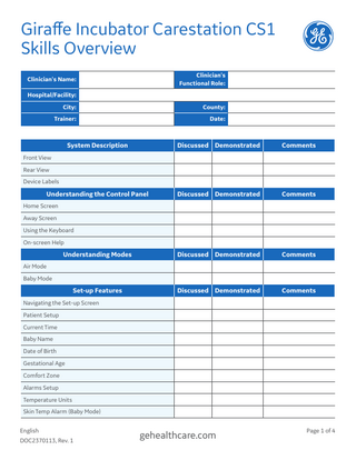 Giraffe Incubator Carestation CS1 Skills Overview Test Sheet Rev 1