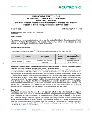 fabian HFOi Urgent Field Safety Notice Bias Flow selection button issue March 2022