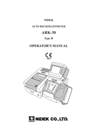 Table of Contents  §1 INTRODUCTION ...Page 1-1 1.1 Outline of the Device ... 1-1 1.2 Indications for Use ... 1-1 1.3 Classifications ... 1-1 1.4 Symbol Information ... 1-2  §2 SAFETY ... 2-1 2.1 Cautions during Use ... 2-1 2.2 Storage ... 2-6 2.3 Transport... 2-6 2.4 Installation ... 2-7 2.5 Wiring ... 2-8 2.6 After Use ... 2-8 2.7 Maintenance and Checks ... 2-9 2.8 Disposal ... 2-9 2.9 Labels ... 2-10  §3 CONFIGURATION ... 3-1 §4 OPERATING PROCEDURES ... 4-1 4.1 Operation Flow ... 4-1 4.2 Before First Use ... 4-1 4.3 Measuring Procedures ... 4-4 4.4 AR (refractive error) & KM (corneal curvature radius) Measurements (R/K mode) ... ... 4-18 4.5 AR (refractive error) Measurement (R mode) ... 4-20 4.6 KM (corneal curvature radius) Measurement (K mode) ... 4-22 4.7 90º Angle Correction Function ... 4-24 4.8 Measurement Using Cable ... 4-26 4.9 Storing and Printing Measured Results ... 4-28 4.9.1 Storing measured results ... 4-28 4.9.2 Printing stored data ... 4-30 4.9.3 Clearing measured results in memory ... 4-32 4.9.4 Confirming measured results in memory ... 4-33 4.10 Connection with External Devices ... 4-34 4.10.1 Output to the RT or computer ... 4-34 4.10.2 Input from the LM ... 4-36 4.10.3 Output to the IC card Reader/Writer ... 4-38  