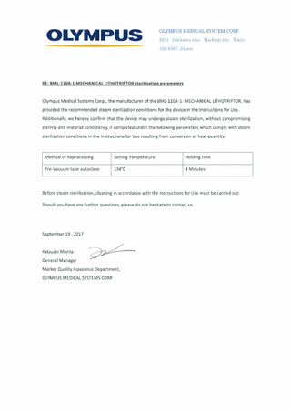 BML-110A-1 MECHANICAL LITHOTRIPTOR Sterilization Parameter Update Sept 2017