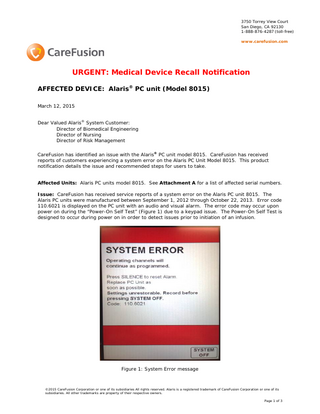 Model 8110 Urgent Medical Device Recall Notification March 2015