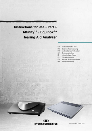 Table of Contents 1  INTRODUCTION ... 1 1.1 About this manual ... 1 1.2 Intended use... 1 1.3 Product description ... 1 1.4 Included and optional parts and accessories ... 2 1.5 Warnings ... 3  2  UNPACKING AND INSTALLATION ... 5 2.1 Unpacking and inspection ... 5 2.2 Marking... 6 2.3 Connection panel dictionary ... 7 2.4 Software installation ... 8 2.4.1 Software installation Windows®7 ... 9 2.4.2 Software installation Windows®8.1 ... 13 2.4.3 Software installation Windows®10 ... 17 2.5 Driver installation ... 22 2.6 Using with databases ... 23 2.6.1 Noah3 ... 23 2.6.2 Noah 4 ... 23 2.7 Standalone version ... 24 2.8 How to configure an alternative data recovery location ... 24 2.9 License ... 24  3  OPERATING INSTRUCTIONS ... 25 3.1 Using the tone screen ... 26 3.2 Using the speech screen ... 32 3.2.1 Speech audiometry in graph mode ... 34 3.2.2 Speech audiometry in table mode ... 35 3.2.3 PC keyboard shortcuts manager ... 37 3.3 The REM440 screen ... 39 3.4 The HIT440 screen ... 48 3.5 Using the print wizard ... 54  4  MAINTENANCE ... 57 4.1 General maintenance procedures ... 57 4.2 How to clean Interacoustics products ... 57 4.3 Concerning repair ... 58 4.4 Warranty ... 58  5  GENERAL TECHNICAL SPECIFICATIONS ... 59 5.1 Reference equivalent threshold values for transducers ... 60 5.2 Pin assignments ... 60 5.3 Electromagnetic compatibility (EMC) ... 60  