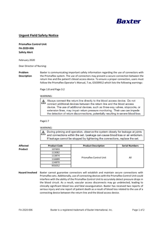 Baxter Prismaflex Control Unit  Urgent Field Safety Notice Feb 2020 