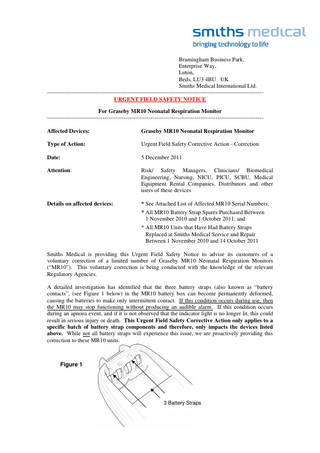 MR10 Neonatal Respiration Monitor Urgent Field Safety Notice Dec 2011