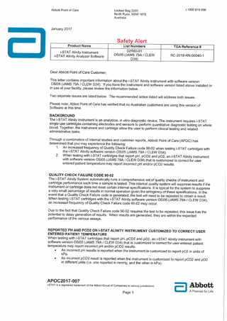 i-STAT Alinity Instrument and Software Safety Alert Jan 2017