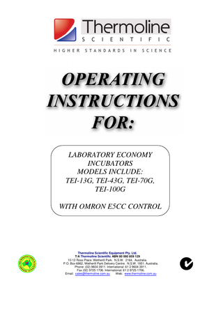 Model TEI-13G, TEI-43G, TEI-70G TEL-100G Thermoline Incubators with Omron Controller Operating Instructions  Jan 2016