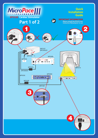 PACE OUTPUT, EACH CHANNEL 0.5 - 1- ms pulses 0-25 mA into 200 - 1000 Ohm, 0-31V  05-10ms 0.1-25mA  POWER ON/OFF  !  POWER INPUT Internally Fused  !  MP3107 MP3355US  MP3181 MP3059  *  MP3008 PACE OUTPUT, EACH CHANNEL 0.5 - 1- ms pulses 0-25 mA into 200 - 1000 Ohm, 0-31V  EMERGENCY FIXED PACE OUTPUT 2 ms pulses @ 100 ppm, Ventrical Ch2 only 5 mA into 200-1000 Ohm, 0-5 V  CARDIAC STIMULATOR Model No EPS320 Part No: MP3008 Part: Stimulus Generator Unit (SGU) Manufacturer Micropace Pty Ltd 7/186-188 Canterbury Rd Canterbury NSW 2193 AUSTRALIA www.micropaceEP.com  POWER ON/OFF  COMPUTER LINK PORT  POWER INPUT Internally Fused  AUXILIARY PORT  !  ECG-1 INPUT 1  ECG-2 INPUT  SYNC-1 INPUT  2  Serial No (SN)  861  14.5-16VDC 0.75A  *  MP3074  MP3114  MP3066XX MP3093 MP3030 VGA COM2  LAN2 COM4  DC12V/IN  COM1 LAN1  KB  MP3335  MP3158  DC12V/IN  