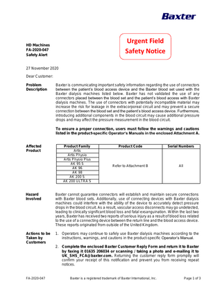 Baxter Dialysis Machines Urgent Field Safety Notice Nov 2020