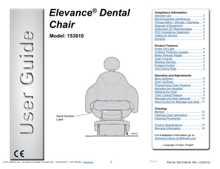 Elevance Dental Chair Model 153810 Users Guide Rev J March 2012