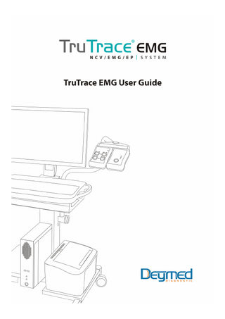 Table of Contents  Notes ...4 Introduction ...5 Warranty ...6 Symbols Used ...7 Trademarks and Regulatory Standards ...8 Intended Use, About the System and Warnings ...10 Connecting the Electrodes ...13 Patient Data Home Screen ...14 Main Patient Screen ...15 Add/Edit Patient ...19 Global Setup ...21 Advanced Settings ...26 Patient Reports and Options ...29 Summary Report Screen ...30 Show Quick Report ...32 Quick Report Preview and Edit Window ...33 Common System Controls and Features ...36 Screen Controls ...37 Electrical Stimulator ...41 Working with Markers ...43 Live Signal Preview ...45 Impedance and Channel control ...47 EMG Keyboard ...49 System Tests ...54 NCS and Reflex Tests ...55 MNC ...56 MNC Setup ...61 SNC ...65 SNC Setup ...69 Repetitive ...73 Repetitive Setup ...76 F-Wave ...80 F-Wave Setup ...83 H-Reflex ...86 H-Reflex Setup ...89 Blink-Reflex ...92 Blink-Reflex Setup ...95 Needle EMG ...98 Free-Run EMG ...99 MUP ...102 MUP Results ...106 Tremor ...109 Willison and T/A analysis ...111 EMG Setups ...114 EMG Scoring ...117 Custom EMG Scoring Tables ...119 Single Fiber ...120 Single Fiber ...121 Single Fiber Setup ...126 ANS (Autonomic Nerve Studies) ...130  Deymed Diagnostic  2 / 186  7.0 Rev. 1.1b  