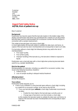 Radiometer AQT90 Urgent Field Safety Notice April 2020