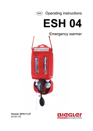 ESH 04  Table of contents 1  Warnings and safety instructions ... 4  2  Description ... 6  3  2.1  General description ... 6  2.2  Intended Use ... 6  2.3  Indication ... 7  2.4  Contraindication / Exclusions from Intended Use... 7  2.5  Scope of delivery ... 7  Starting the device ... 8 3.1  Setting up procedure ... 8  3.2  Alarms ... 11  4  Maintenance ... 12  5  Cleaning and disinfection ... 12  6  Periodic inspections ... 13  7  Manufacturer's liability ... 13  8  Warranty conditions ... 14  9  Return of devices ... 14  10 Electromagnetic Compliance Levels ... 15 10.1  Emission ... 15  10.2  Immunitiy Test Levels ... 15  11 Manufacturer’s Declaration ... 16 12 Symbols ... 17 13 Operating and storage conditions ... 18 14 Technical Data ... 18 15 Manufacturer ... 19  3  