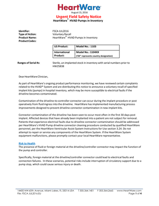 HeartWare HVAD System Urgent Field Safety Notice July 2016