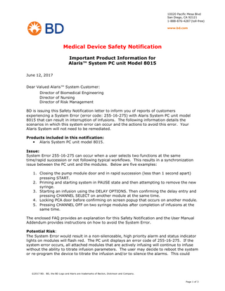 Model 8015 Medical Device Safety Notification June 2017